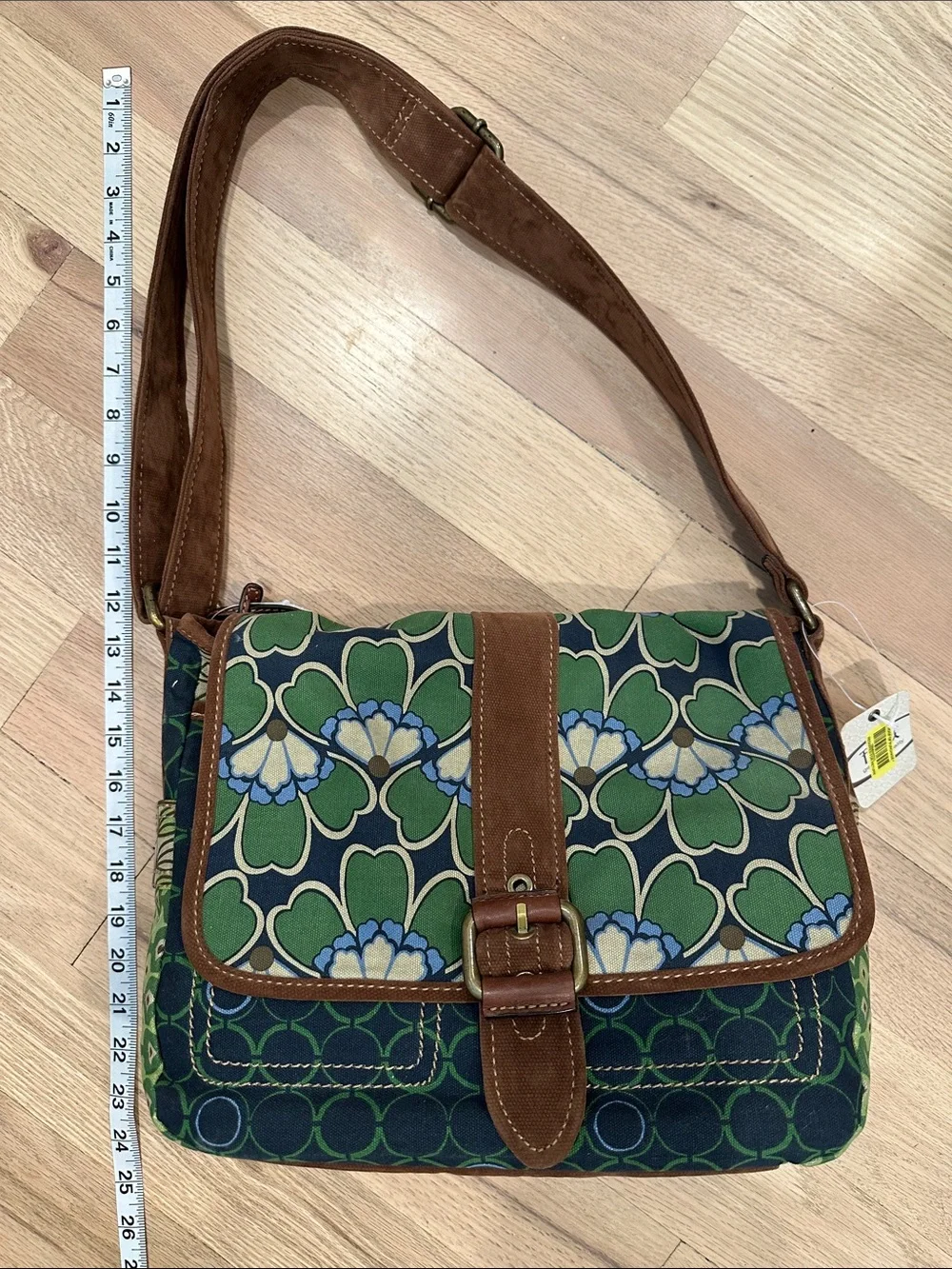Fossil Green Floral Canvas Crossbody with Brown Trim
